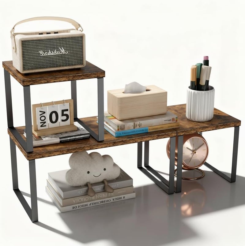 Aothia Wood Desktop Shelf for Top of Desk - 2-Tier Adjustable Bookshelf Organizer, Freestanding Stackable Shelves for Office, Home, Kitchen Counter (Rustic Brown) - Image 1